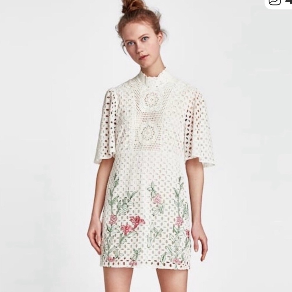 Zara White Mini Dress with Pink and Green Embroidery